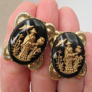 Vintage Chinese Figure Garden Oval Black Gold Tone Screw Back Earrings